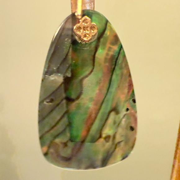 Kendra Scott Marty Iridescent Abalone Teal 14K Gold Plated Drop Earrings - Picture 5 of 9